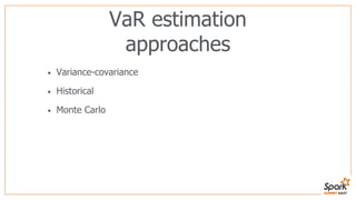 VaR estimation
approaches
• Variance-covariance
• Historical
• Monte Carlo
 