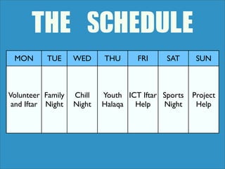 MON TUE WED THU FRI SAT SUN
Volunteer
and Iftar
Family
Night
Chill
Night
Youth
Halaqa
ICT Iftar
Help
Sports
Night
Project
Help
THE	 SCHEDULE
 