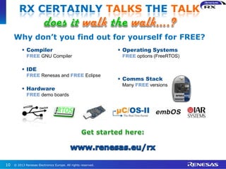Why don’t you find out for yourself for FREE?
© 2013 Renesas Electronics Europe. All rights reserved.10
 Compiler
FREE GNU Compiler
 IDE
FREE Renesas and FREE Eclipse
 Hardware
FREE demo boards
 Operating Systems
FREE options (FreeRTOS)
 Comms Stack
Many FREE versions
RX CERTAINLY TALKS THE TALK
 