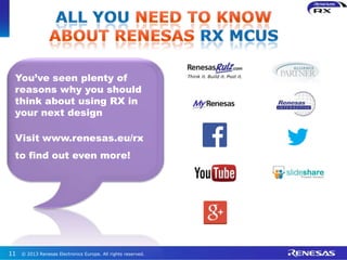 You’ve seen plenty of
reasons why you should
think about using RX in
your next design
Visit www.renesas.eu/rx
to find out even more!
© 2013 Renesas Electronics Europe. All rights reserved.11
 