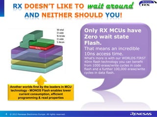 © 2013 Renesas Electronics Europe. All rights reserved.4
Only RX MCUs have
Zero wait state
Flash.
That means an incredible
10ns access time.
What’s more is with our WORLDS FIRST
40nn flash technology you can benefit
from 1000 erase/write cycles in code
flash and a further 100,000 erase/write
cycles in data flash.
Another worlds first by the leaders in MCU
technology - MONOS Flash enables lower
current consumption, efficient
programming & read properties
AND NEITHER SHOULD YOU!
RX DOESN’T LIKE TO
 