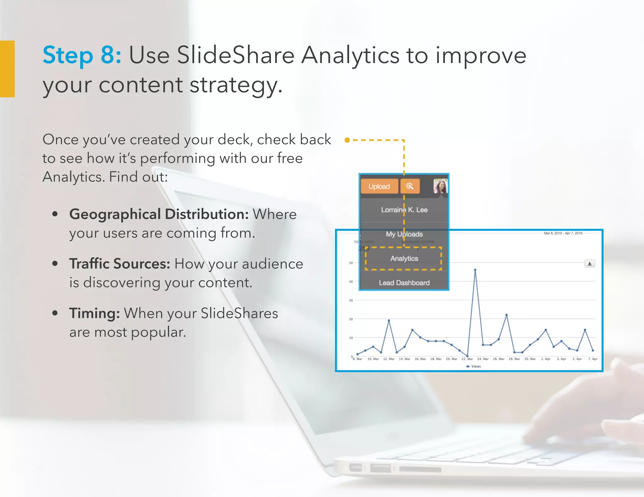 Once you’ve created your deck, check back
to see how it’s performing with our free
Analytics. Find out:
•	 Geographical Distribution: Where
your users are coming from.
•	 Traffic Sources: How your audience
is discovering your content.
•	 Timing: When your SlideShares
are most popular.
Step 8: Use SlideShare Analytics to improve
your content strategy.
 