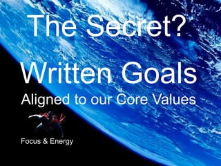 14
Focus & Energy
Written Goals
Aligned to our Core Values
The Secret?
 
