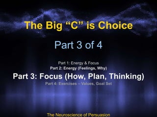 Part 3 of 4
Part 1: Energy & Focus
Part 2: Energy (Feelings, Why)
Part 3: Focus (How, Plan, Thinking)
Part 4: Exercises – Values, Goal Set
The Neuroscience of Persuasion
The Big “C” is Choice
 
