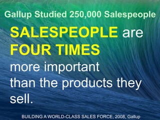Gallup Studied 250,000 Salespeople
SALESPEOPLE are
FOUR TIMES
more important
than the products they
sell.
BUILDING A WORLD-CLASS SALES FORCE, 2008, Gallup
 