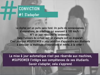#      CONVICTION
       #1 S’adapter


     Le digital est un puits sans fond. Un puits de connaissances,
         d’innovations, de créations qui avancent à 100 km/h !
                  N°1 un jour, obsolète le lendemain…
      Dans l’univers du virtuel soit on s’adapte soit on disparaît.
C’est pourquoi #SUPDEWEB a pour ambition d’apprendre aux étudiants
      à anticiper la multitude d’innovations et même…à la créer !



La mise à jour automatique n’est pas réservée aux machines,
  #SUPDEWEB l’intègre aux compétences de ses étudiants.
              Savoir s’adapter, cela s’apprend.
 