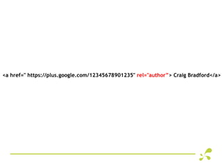 <a href=" https://plus.google.com/12345678901235" rel="author”> Craig Bradford</a>
 