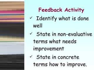 Feedback Activity Identify what is done well State in non-evaluative terms what needs improvement State in concrete terms how to improve. 