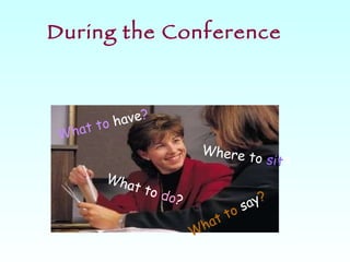 During the Conference What to  say ? Where to  sit ? What to  do ? What to  have ? 
