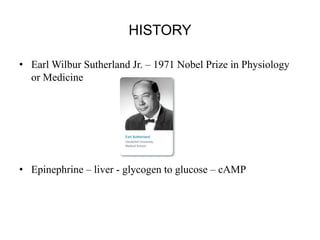 HISTORY
• Earl Wilbur Sutherland Jr. – 1971 Nobel Prize in Physiology
or Medicine
• Epinephrine – liver - glycogen to gluc...