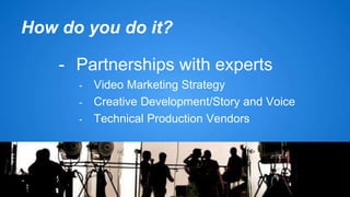 How do you do it? 
- Partnerships with experts 
- Video Marketing Strategy 
- Creative Development/Story and Voice 
- Technical Production Vendors 
 