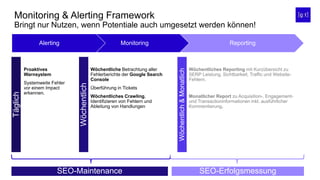 Monitoring & Alerting Framework
Bringt nur Nutzen, wenn Potentiale auch umgesetzt werden können!
Alerting Monitoring Reporting
• Proaktives
Warnsystem
• Systemweite Fehler
vor einem Impact
erkennen.
• Wöchentliche Betrachtung aller
Fehlerberichte der Google Search
Console
• Überführung in Tickets
• Wöchentliches Crawling,
Identifizieren von Fehlern und
Ableitung von Handlungen
• Wöchentliches Reporting mit Kurzübersicht zu
SERP Leistung, Sichtbarkeit, Traffic und Website-
Fehlern.
• Monatlicher Report zu Acquisition-, Engagement-
und Transactioninformationen inkl. ausführlicher
Kommentierung.
Täglich
Wöchentlich
Wöchentlich&Monatlich
SEO-Maintenance SEO-Erfolgsmessung
 