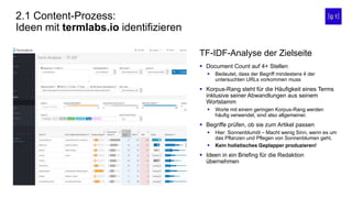 2.1 Content-Prozess:
Ideen mit termlabs.io identifizieren
 Document Count auf 4+ Stellen
 Bedeutet, dass der Begriff mindestens 4 der
untersuchten URLs vorkommen muss
 Korpus-Rang steht für die Häufigkeit eines Terms
inklusive seiner Abwandlungen aus seinem
Wortstamm
 Worte mit einem geringen Korpus-Rang werden
häufig verwendet, sind also allgemeiner.
 Begriffe prüfen, ob sie zum Artikel passen
 Hier: Sonnenblumöl – Macht wenig Sinn, wenn es um
das Pflanzen und Pflegen von Sonnenblumen geht.
 Kein holistisches Geplapper produzieren!
 Ideen in ein Briefing für die Redaktion
übernehmen
TF-IDF-Analyse der Zielseite
 