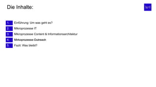 Die Inhalte:
Einführung: Um was geht es?1.
Mikroprozesse IT2.
Mikroprozesse Content & Informationsarchitektur3.
Mirkoprozesse Outreach4.
Fazit: Was bleibt?5.
 