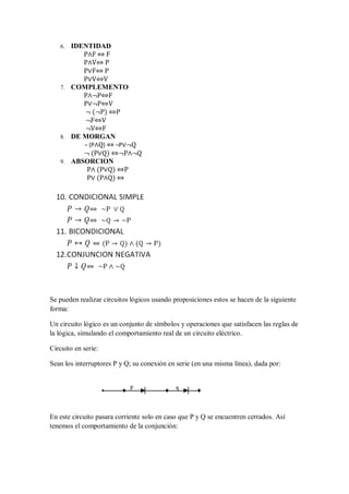 6. IDENTIDAD
         P∧F ⇔ F
         P∧V⇔ P
         P∨F⇔ P
         P∨V⇔V
   7. COMPLEMENTO
         P∧¬P⇔F
         P∨¬P⇔V
         ¬ (¬P) ⇔P
         ¬F⇔V
         ¬V⇔F
   8. DE MORGAN
         ¬ (P∧Q) ⇔ ¬P∨¬Q
         ¬ (P∨Q) ⇔¬P∧¬Q
   9. ABSORCION
          P∧ (P∨Q) ⇔P
          P∨ (P∧Q) ⇔




Se pueden realizar circuitos lógicos usando proposiciones estos se hacen de la siguiente
forma:

Un circuito lógico es un conjunto de símbolos y operaciones que satisfacen las reglas de
la lógica, simulando el comportamiento real de un circuito eléctrico.

Circuito en serie:

Sean los interruptores P y Q; su conexión en serie (en una misma línea), dada por:




En este circuito pasara corriente solo en caso que P y Q se encuentren cerrados. Así
tenemos el comportamiento de la conjunción:
 