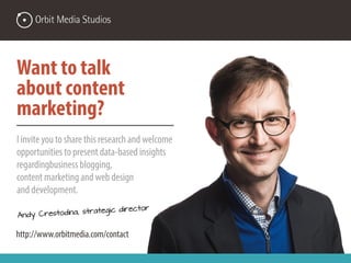 Want to talk about
content marketing?
I invite you to share this research and welcome
opportunities to present data-based insights
regardingbusiness blogging,
content marketing and web design
and development.
http://www.orbitmedia.com/contact
Andy Crestodina, strategic director
 