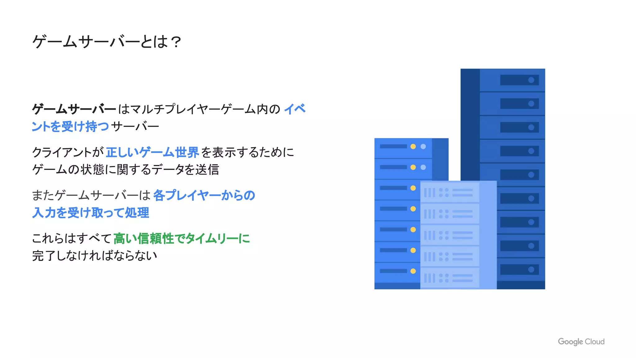 ゲームサーバーとは？
ゲームサーバーはマルチプレイヤーゲーム内の イベ
ントを受け持つサーバー
クライアントが正しいゲーム世界を表示するために
ゲームの状態に関するデータを送信
またゲームサーバーは 各プレイヤーからの
入力を受け取って処理
これらはすべて高い信頼性でタイムリーに
完了しなければならない
 