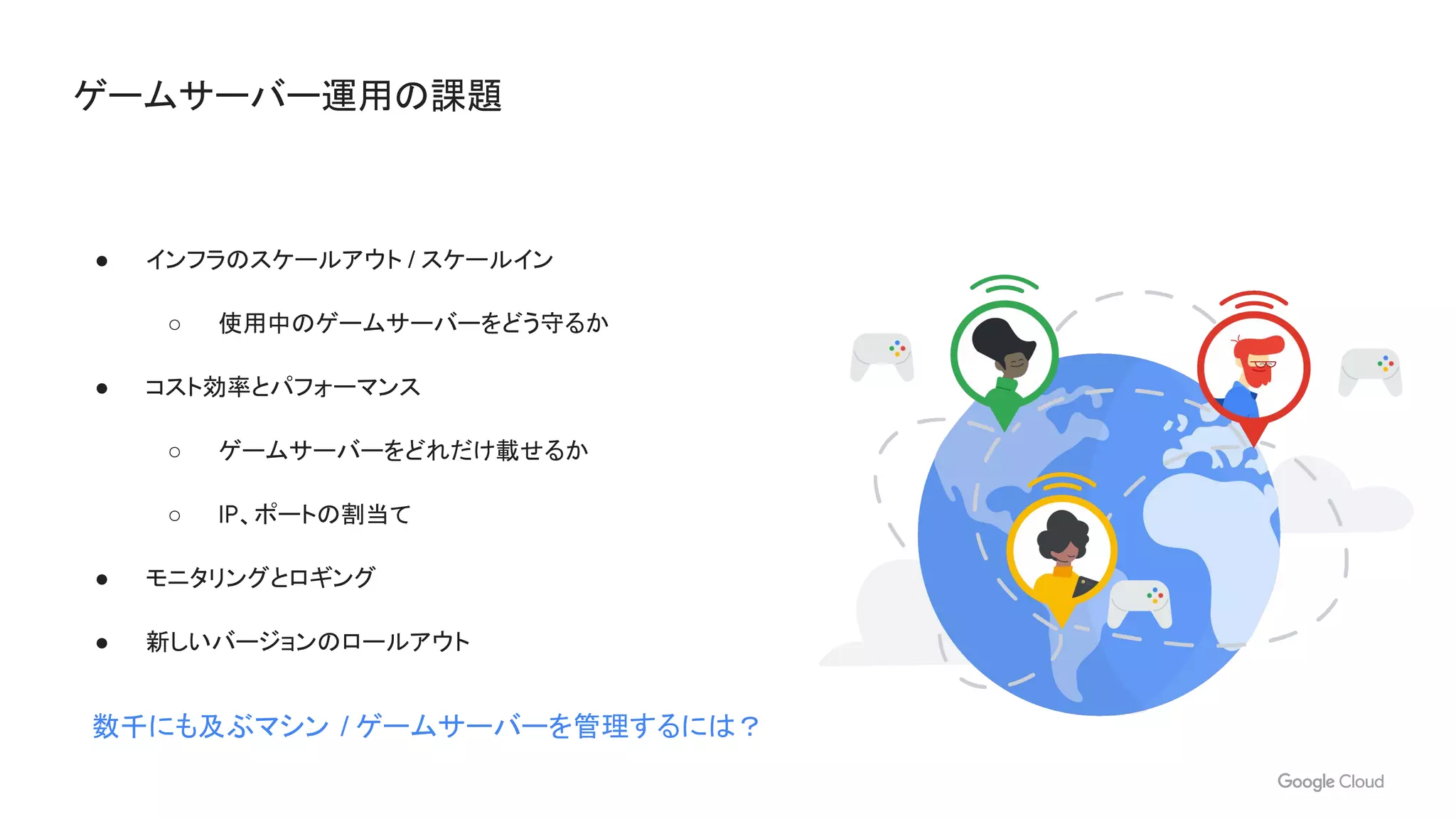 ゲームサーバー運用の課題
● インフラのスケールアウト / スケールイン
○ 使用中のゲームサーバーをどう守るか
● コスト効率とパフォーマンス
○ ゲームサーバーをどれだけ載せるか
○ IP、ポートの割当て
● モニタリングとロギング
● 新しいバージョンのロールアウト
数千にも及ぶマシン / ゲームサーバーを管理するには？
 