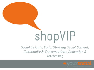 Social Insights, Social Strategy, Social Content,
 Community & Converstations, Activation &
                   Advertising
 