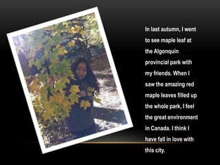 In last autumn, I went
to see maple leaf at
the Algonquin
provincial park with
my friends. When I
saw the amazing red
maple leaves filled up
the whole park, I feel
the great environment
in Canada. I think I
have fall in love with
this city.
 