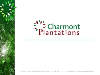 9, bd Thiers - BP 10F - 88201 REMIREMONT Cedex – France – +33 9 77 21 84 40 – info@charmont-plantations.com / www.charmont-plantations.com
 