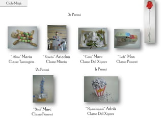 Cicle Mitjà
1r Premi
“ Nyam nyam” Adrià
Classe Del Xiprer
2n Premi
“ Xixi” Marc
Classe Ponent
“ Alise” Maria
Classe Tarongers
“ Roseta” Ariadna
Classe Mireia
“ Lefi” Max
Classe Ponent
“ Carn” Marc
Classe Del Xiprer
3r Premi
 