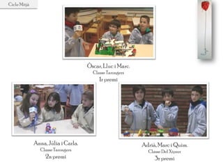 Òscar,Lluc i Marc.
Classe Tarongers
1r premi
Anna, Júlia i Carla.
Classe Tarongers
2n premi
Adrià, Marc i Quim.
Classe Del Xiprer
3r premi
Cicle Mitjà
 