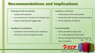 Recommendations and Implications
• Keeping up with the demand
• Category defining brand
• Core Competency- Innovation and setting trends
• Range of polycarbonate luggage bags
• Handling the competition
• Competition lacks advertising, thus awareness
• Alfa brand to tackle unorganised market
• Handling e-commerce
• Overhauling of online sales website
• Partnerships with existing e-commerce players
• Virtual Integration for delivery
• Financial Stability
• Nearly zero debt-to-equity ratio
• “A+” credit ratings from past 3 years
• Interest coverage ratio very high compared to
other competitors
 