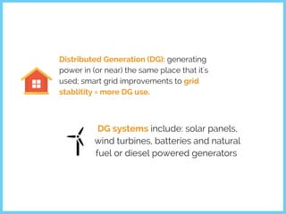 Distributed Generation (DG): generating
power in (or near) the same place that it's
used; smart grid improvements to grid
stablitity = more DG use.
DG systems include: solar panels,
wind turbines, batteries and natural
fuel or diesel powered generators
 