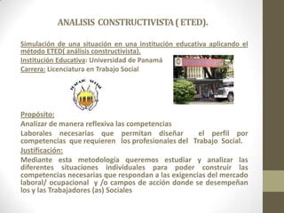 ANALISIS CONSTRUCTIVISTA ( ETED).
Simulación de una situación en una institución educativa aplicando el
método ETED( análisis constructivista).
Institución Educativa: Universidad de Panamá
Carrera: Licenciatura en Trabajo Social

Propósito:
Analizar de manera reflexiva las competencias
Laborales necesarias que permitan diseñar
el perfil por
competencias que requieren los profesionales del Trabajo Social.
Justificación:
Mediante esta metodología queremos estudiar y analizar las
diferentes situaciones individuales para poder construir las
competencias necesarias que respondan a las exigencias del mercado
laboral/ ocupacional y /o campos de acción donde se desempeñan
los y las Trabajadores (as) Sociales

 