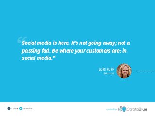 “

Social media is here. It’s not going away; not a
passing fad. Be where your customers are: in
social media.”
		

StrataBlue

@StrataBlue

Lori Ruff

	@loriruff

created by

 