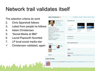 Here’s another example The selection criteria do work Check Chris Sparshott followers Latest  from people he follows Aha!  Adam Christensen “ Social Media at IBM ” Laurel Papworth  favorited LP local social media star This validates Adam Christensen as a valuable network member Network trail validates itself 