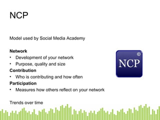 NCP Model used by Social Media Academy Network Development of your network Purpose, quality and size Contribution Who is contributing and how often Participation Measures how others reflect on your network Trends over time 