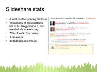 Slideshare stats A viral content sharing platform Thousands of presentations linked to, blogged about, and tweeted about each day 70% of traffic from search 1.5m users 30,000 uploads weekly Twitter search 