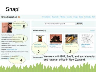 Snap! Features Follows and Followers Building your network 1.5m users 30,000 uploads weekly 1 2 4 3 We work with IBM, SaaS, and social media and have an office in New Zealand. 5 