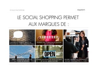 CE QU’IL FAUT RETENIR




          LE SOCIAL SHOPPING PERMET
               AUX MARQUES DE :


GAGNER EN VISIBILITÉ GRACE AU    FÉDÉRER UNE COMMUNAUTÉ AUTOUR
POUVOIR DE LA RECOMMANDATION               DE LA MARQUE




   MIEUX CONNAÎTRE SA CIBLE ET   ANIMER SON POINT DE VENTE EN LIANT   RENDRE L’EXPÉRIENCE SHOPPING +
      ANTICIPER SES BESOINS           LE SOCIAL MEDIA INSTORE         SOCIALE, + INTERACTIVE, + « FUN »
 