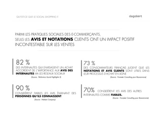 QU’EST-CE QUE LE SOCIAL SHOPPING ?




PARMI LES PRATIQUES SOCIALES DES E-COMMERÇANTS,
SEULS LES AVIS ET NOTATIONS CLIENTS ONT UN IMPACT POSITIF
INCONTESTABLE SUR LES VENTES



82 %                                                    73 %
DES INTERNAUTES QUI ENVISAGENT UN ACHAT                 DES CONSOMMATEURS FRANÇAIS JUGENT QUE LES
ACCORDENT DE L IMPORTANCE AUX AVIS DES                  NOTATIONS ET AVIS CLIENTS SONT UTILES DANS
INTERNAUTES VIA LES RESEAUX SOCIAUX                     LEUR PROCESSUS D'ACHAT EN LIGNE
            (Source : Performics Social Highlights 3)                     (Source : Forrester Consulting pour Bazzarvoice)




90 %                                                    70%       CONSIDÈRENT LES AVIS DES AUTRES
CONSIDÈRENT FIABLES LES AVIS ÉMANANT DES
                                                        INTERNAUTES COMME FIABLES.
PERSONNES QU’ILS CONNAISSENT
                                                                             (Source : Forrester Consulting pour Bazzarvoice)
                (Source : Nielsen Company)
 