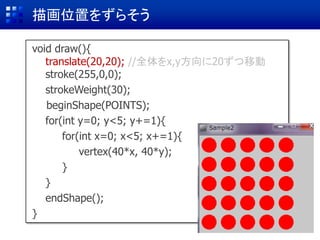 描画位置をずらそう
void draw(){
translate(20,20); //全体をx,y方向に20ずつ移動
stroke(255,0,0);
strokeWeight(30);
beginShape(POINTS);
for(int y=0; y<5; y+=1){
for(int x=0; x<5; x+=1){
vertex(40*x, 40*y);
}
}
endShape();
}
 