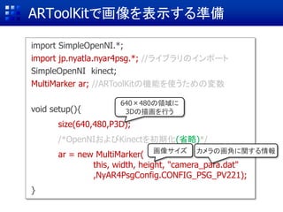 ARToolKitで画像を表示する準備
import SimpleOpenNI.*;
import jp.nyatla.nyar4psg.*; //ライブラリのインポート
SimpleOpenNI kinect;
MultiMarker ar; //ARToolKitの機能を使うための変数
void setup(){
size(640,480,P3D);
/*OpenNIおよびKinectを初期化(省略)*/
ar = new MultiMarker(
this, width, height, "camera_para.dat"
,NyAR4PsgConfig.CONFIG_PSG_PV221);
}
640×480の領域に
3Dの描画を行う
カメラの画角に関する情報画像サイズ
 