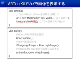 ARToolKitでカメラ画像を表示する
void draw(){
//Kinectの取得情報を更新
kinect.update();
//カラー画像を取得
PImage rgbImage = kinect.rgbImage();
//ARToolKit提供の機能で画像を描画する
ar.drawBackground(rgbImage);
}
void setup(){
/*OpenNIおよびKinectを初期化(省略)*/
ar = new MultiMarker(this, width, /*以下省略*/);
kinect.enableRGB(); //カラー画像の取得をON
}
 
