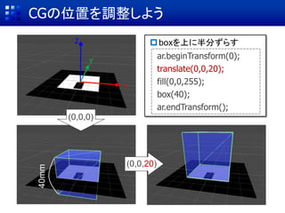 CGの位置を調整しよう
ar.beginTransform(0);
translate(0,0,20);
fill(0,0,255);
box(40);
ar.endTransform();
boxを上に半分ずらす
x
Y
Z
(0,0,0)
(0,0,20)
40mm
 