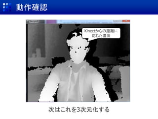 動作確認
次はこれを3次元化する
Kinectからの距離に
応じた濃淡
 