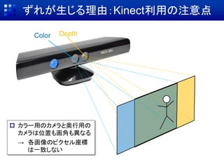 ずれが生じる理由：Kinect利用の注意点
Color Depth
 カラー用のカメラと奥行用の
カメラは位置も画角も異なる
→ 各画像のピクセル座標
は一致しない
 