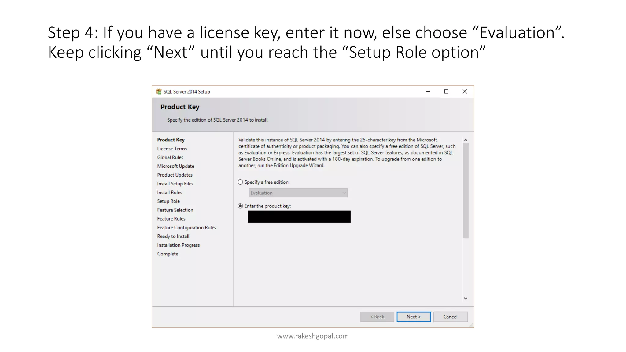 Step 4: If you have a license key, enter it now, else choose “Evaluation”.
Keep clicking “Next” until you reach the “Setup Role option”
www.rakeshgopal.com
 