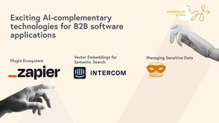 Exciting AI-complementary
technologies for B2B software
applications
Plugin Ecosystem
EXPERIMENTAL
ACTION
Managing Sensitive Data
Vector Embeddings for
Semantic Search
 