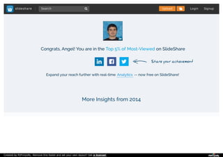 Congrats, Angel! You are in the Top 5% of Most-Viewed on SlideShare
  
Expand your reach further with real-time Analytics -- now free on SlideShare!
More Insights from 2014
Created by PDFmyURL. Remove this footer and set your own layout? Get a license!
 