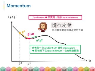 Momentum
47
L(Ө)
Ө
𝜃0
𝜃1
Gradient=0  不更新，陷在 local minimum
g0
m*g0
參考前一次 gradient (g0) 當作 momentum
 即使當下在 local minimum，也...