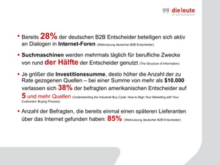 Bereits  28%  der deutschen B2B Entscheider beteiligen sich aktiv an Dialogen in  Internet-Foren  (Webnutzung deutscher B2B Entscheider)  Suchmaschinen  werden mehrmals täglich für berufliche Zwecke von rund  der Hälfte  der Entscheider genutzt  (The Structure of Information)  Je größer die  Investitionssumme , desto höher die Anzahl der zu Rate gezogenen Quellen – bei einer Summe von mehr als  $10.000  verlassen sich  38%  der befragten amerikanischen Entscheider auf  5  und mehr Quellen  (Understanding the Industrial Buy Cycle: How to Align Your Marketing with Your Customers’ Buying Process)  Anzahl der Befragten, die bereits einmal einen späteren Lieferanten über das Internet gefunden haben:  85%  (Webnutzung deutscher B2B Entscheider)  