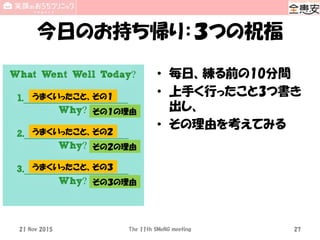 今日のお持ち帰り：３つの祝福
• 毎日、練る前の10分間
• 上手く行ったこと3つ書き
出し、
• その理由を考えてみる
21 Nov 2015 The 11th SMeNG meeting 27
うまくいったこと、その１
うまくいったこと、その２
うまくいったこと、その３
その１の理由
その２の理由
その３の理由
 