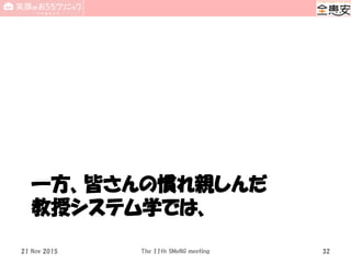 一方、皆さんの慣れ親しんだ
教授システム学では、
21 Nov 2015 The 11th SMeNG meeting 32
 